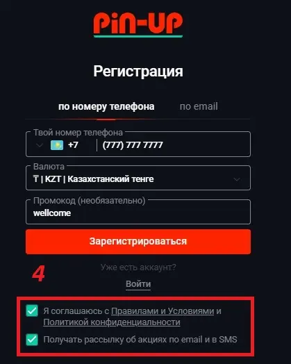 регистрация Пин Ап шаг 4